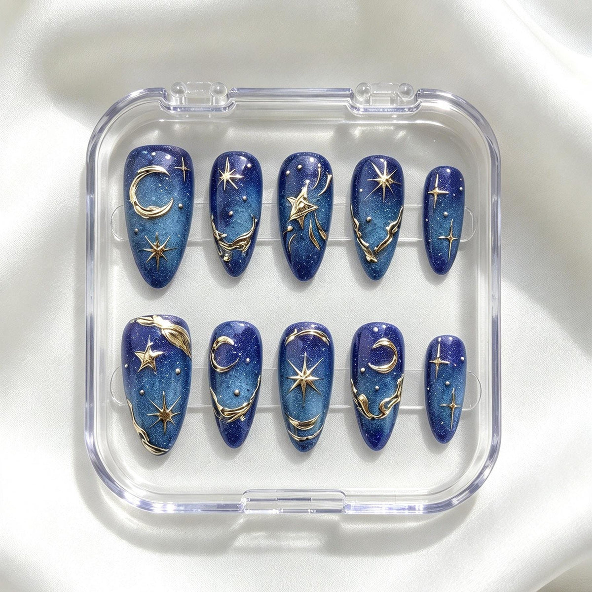 Deep Blue Celestial Press-On Nails With Gold Moons, Stars, and Shimmer