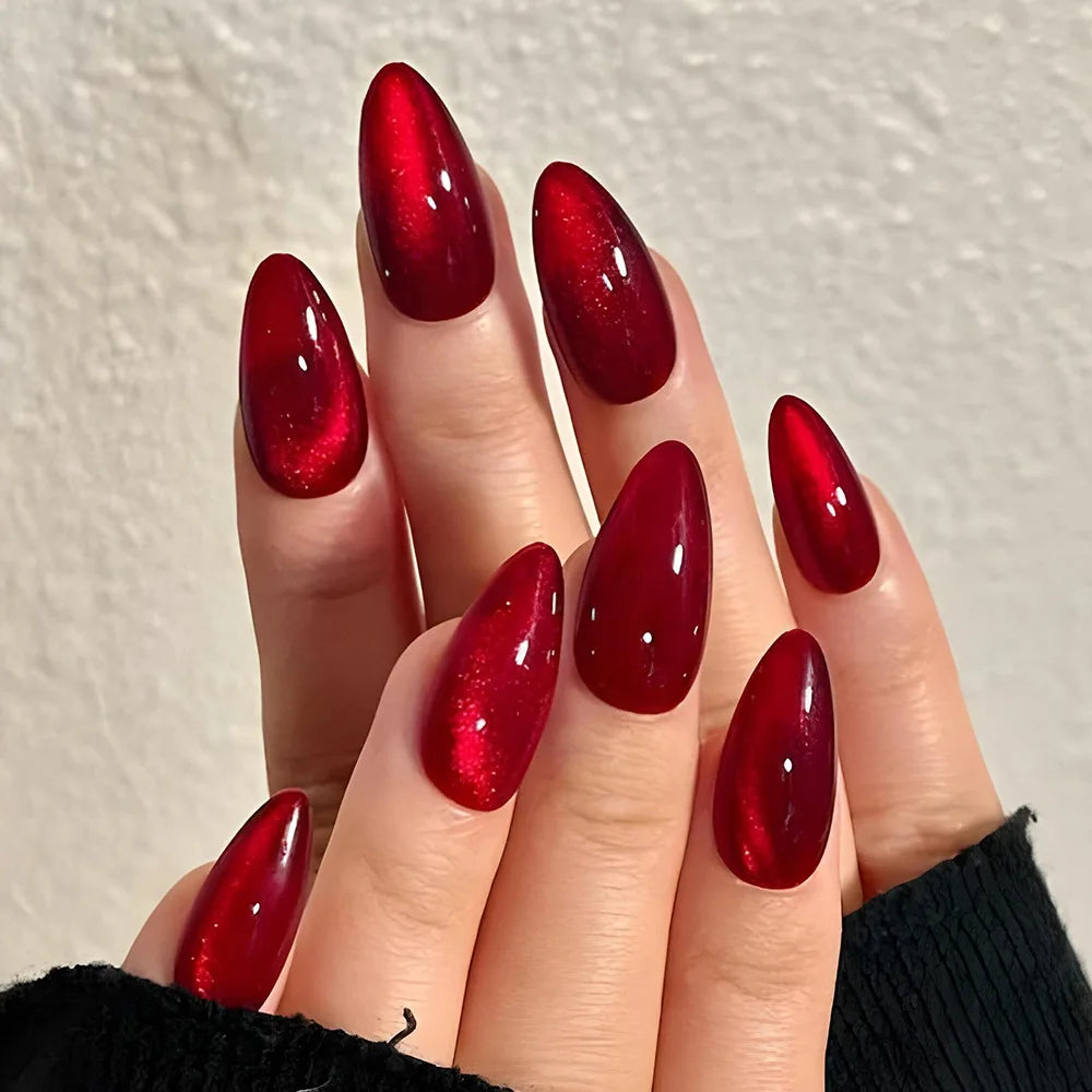 Deep Cherry Red Cat-Eye Press On Nails