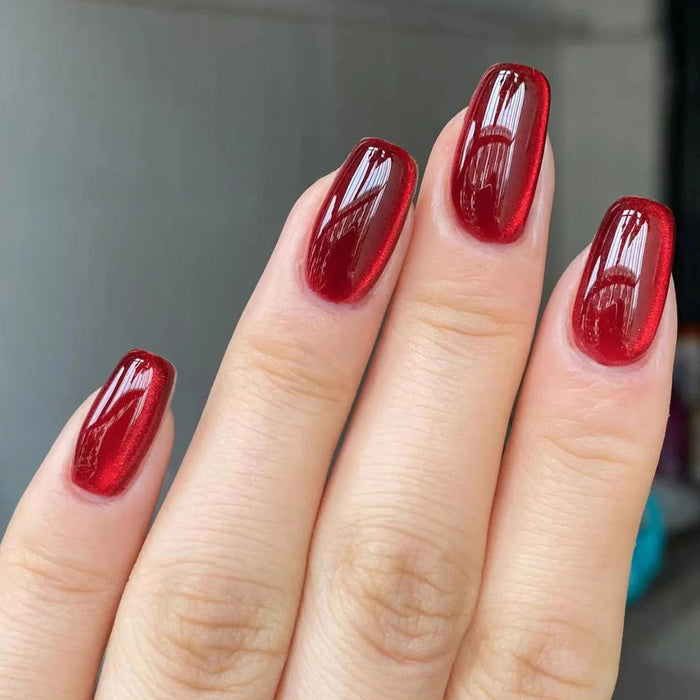 Deep Cherry Red Cat Eye Press On Nails