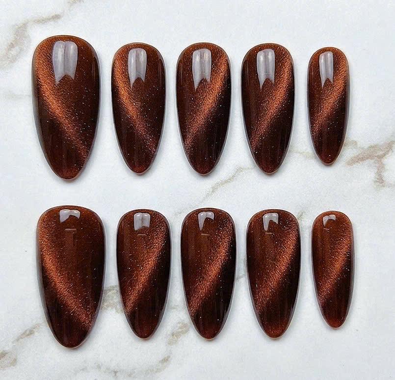 Deep Chocolate Brown Cat Eye Press On Nails