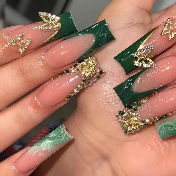 Deep Green French Tip Press On Nails with Gold Ornaments and Rhinestones