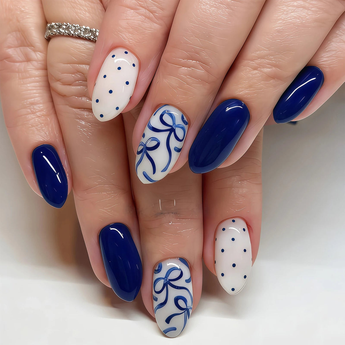 Deep Navy Bow and Polka Dot Press-On Nail Set