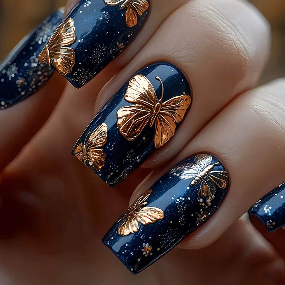 Deep Navy Glitter Press On Nails with Raised Gold Butterflies