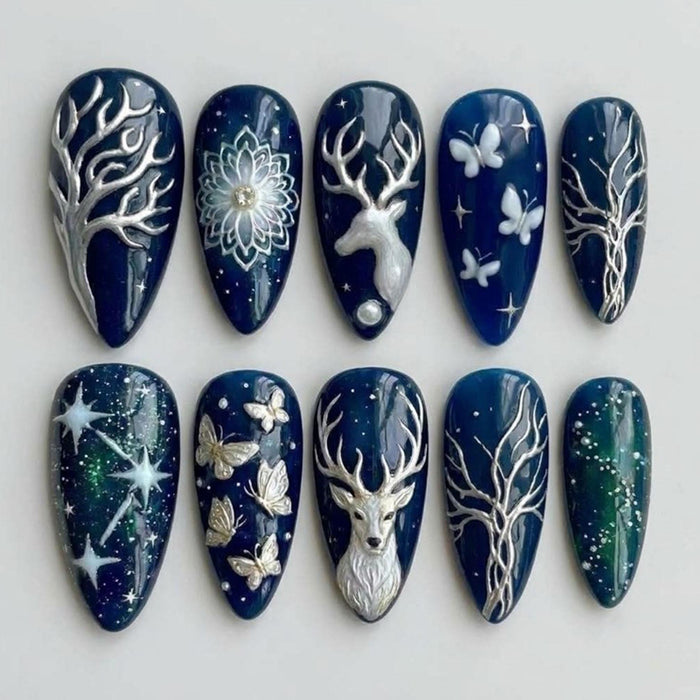 Deep Navy Winter Night Press On Nails With Silver Deer, Trees, Butterflies & Stars