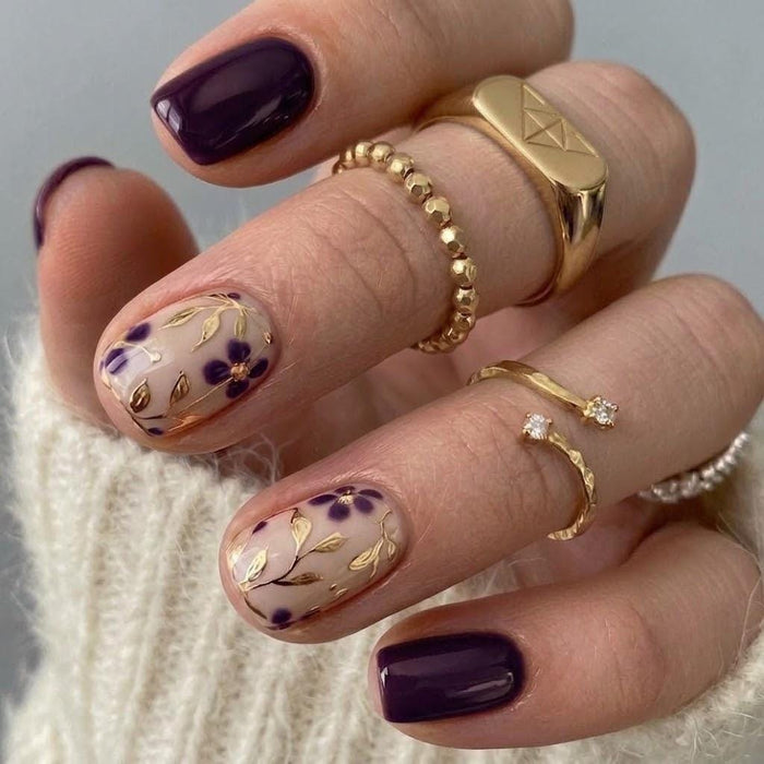 Deep Plum and Gold Floral Press On Nails