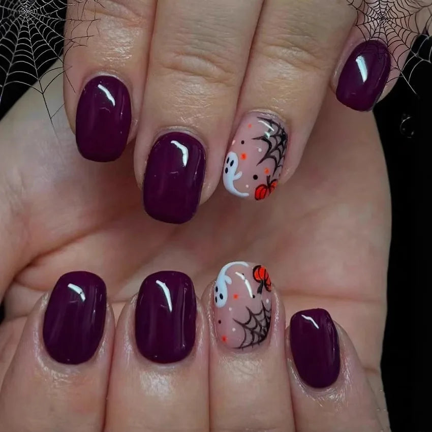Deep Plum Halloween Press On Nails With Ghosts and Spiderwebs