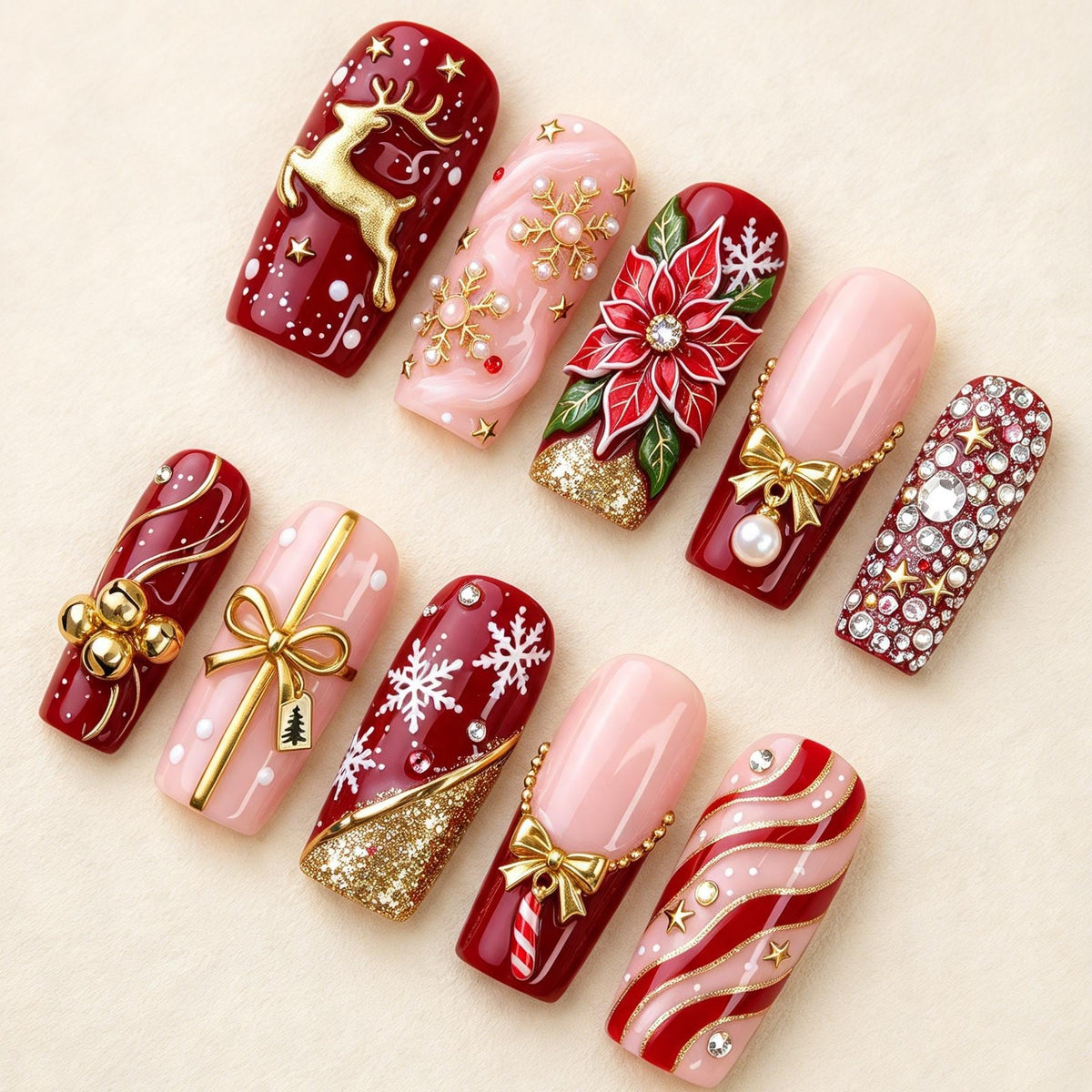 Deep Red and Blush Christmas Press-On Nails With Reindeer, Poinsettia and Candy Canes