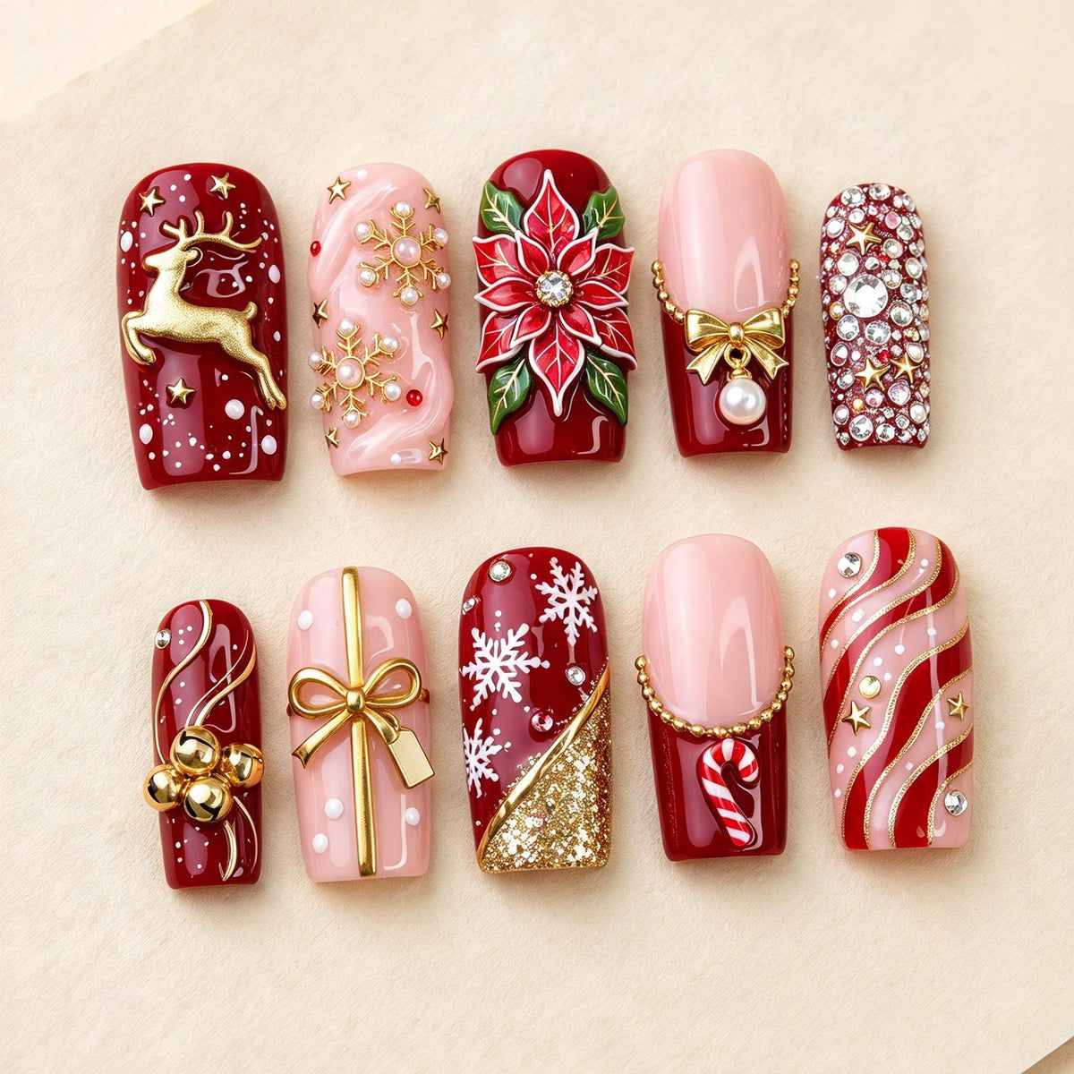Deep Red and Blush Christmas Press-On Nails With Reindeer, Poinsettia and Candy Canes