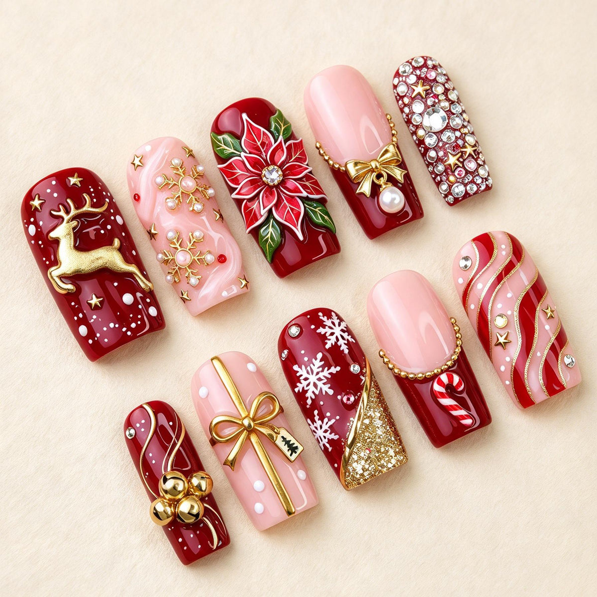 Deep Red and Blush Christmas Press-On Nails With Reindeer, Poinsettia and Candy Canes