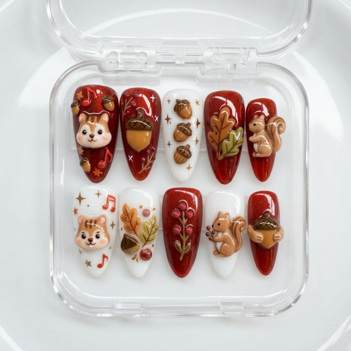 Deep Red and Ivory Thanksgiving Squirrel and Acorn Press On Nails