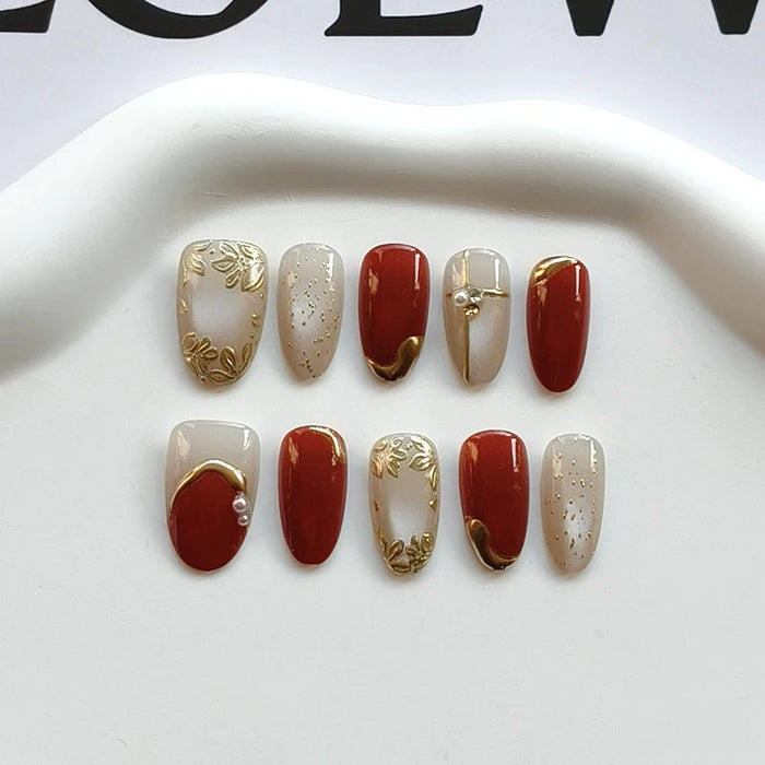 Deep Red Cat Eye Press On Nails With Gold Floral Details, Ivory Accents and Pearls