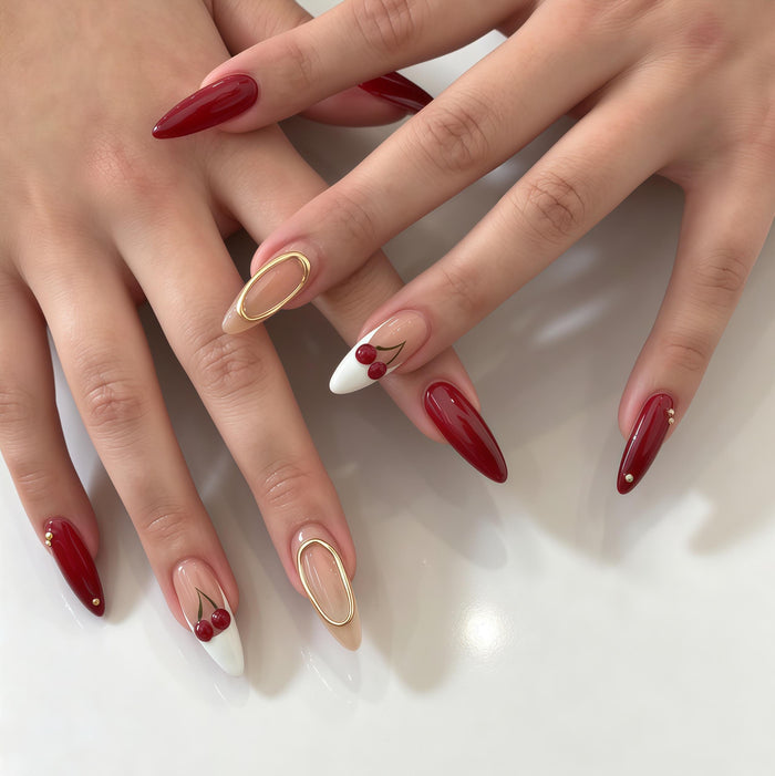 Deep Red Cherry French Tip Press On Nails With Gold Line Details