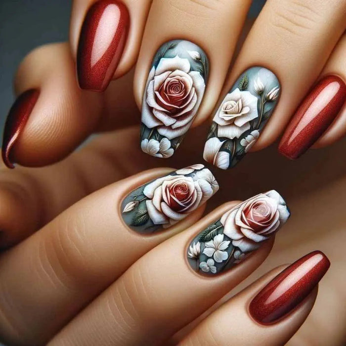 Deep Red Metallic and Teal Rose Floral Press On Nails