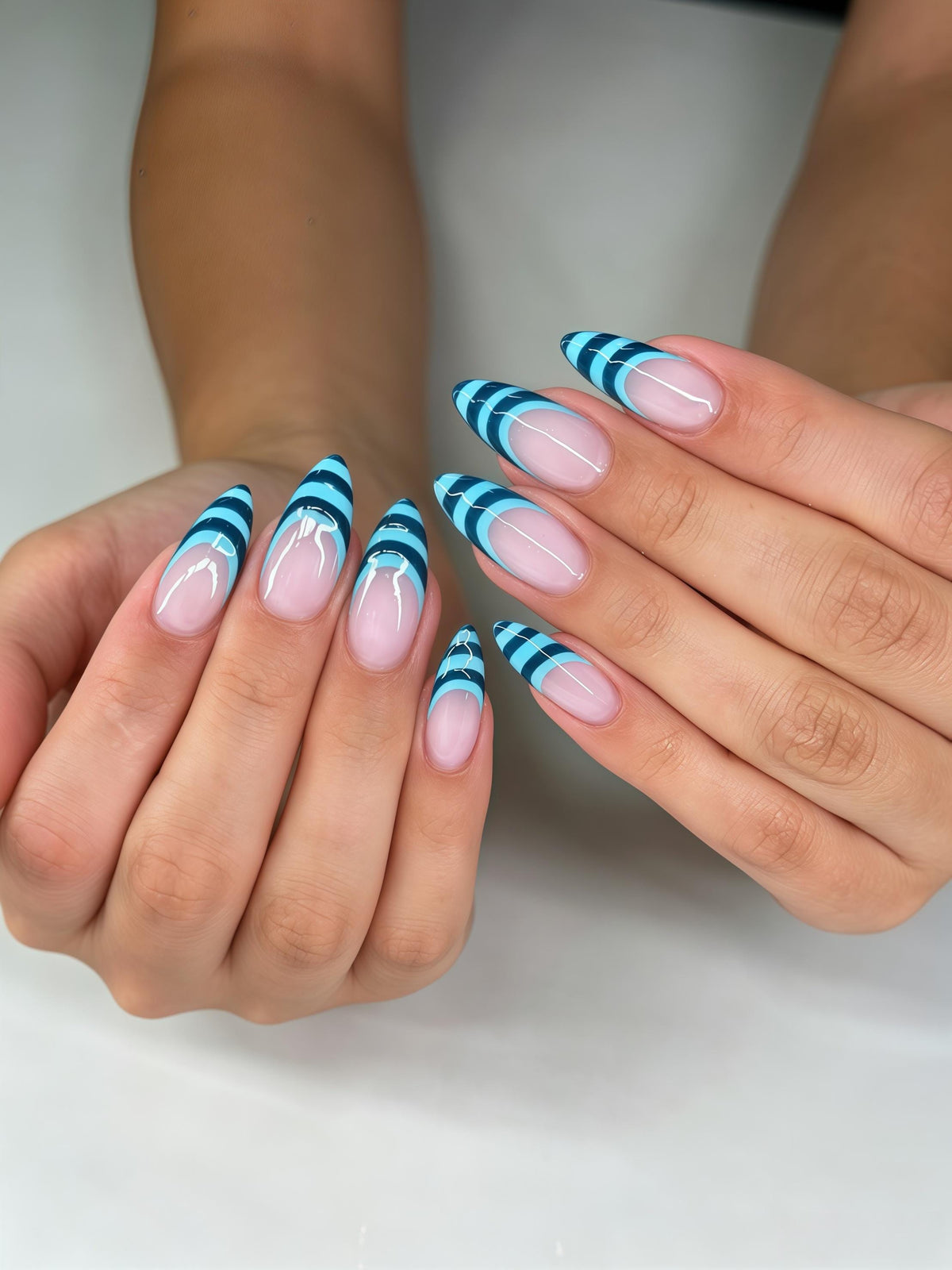 Deep Teal and Aqua Striped French Tip Nail Set