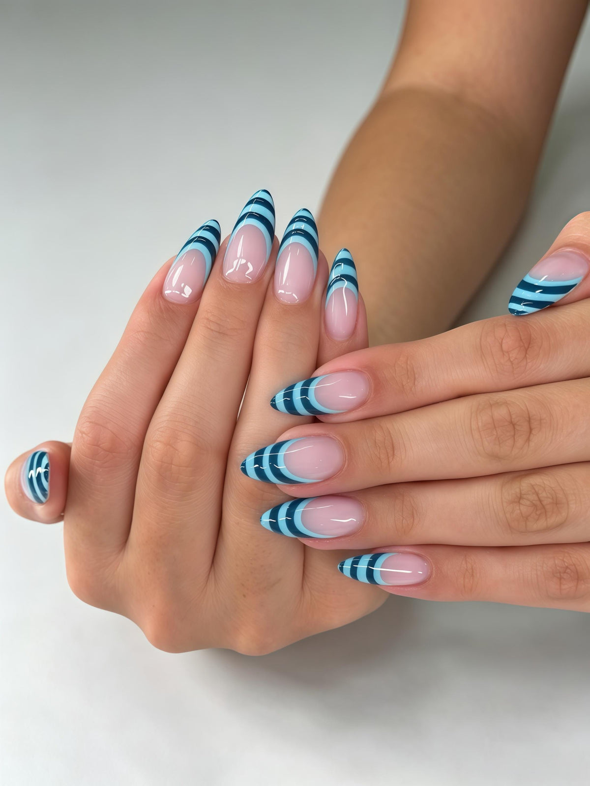Deep Teal and Aqua Striped French Tip Nail Set