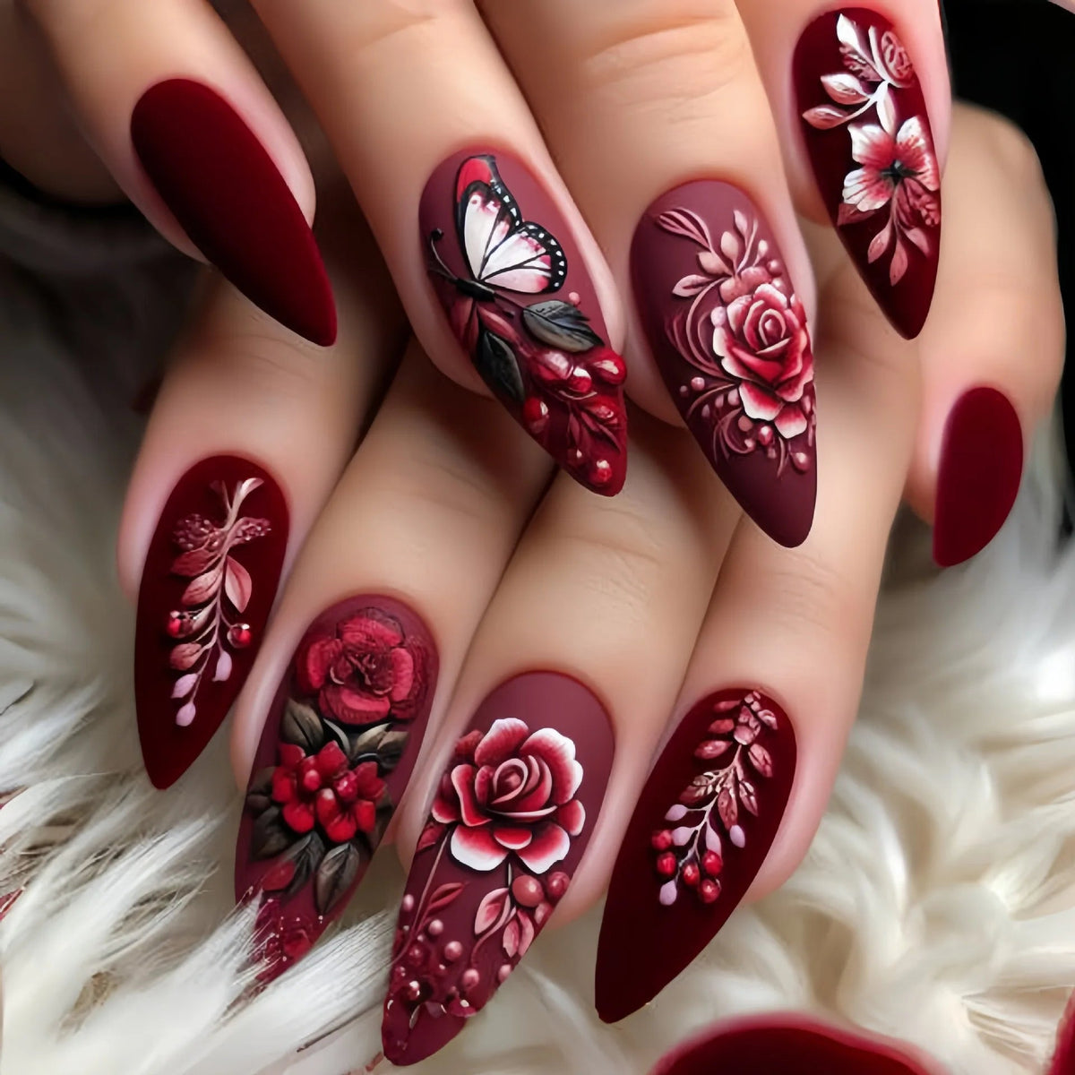 Deep Wine Floral Press On Nails with Butterfly and Berry Details