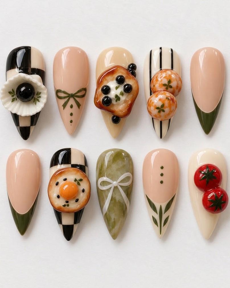 Dim Sum Food Nail Art With Olive Tips, Stripes, Tomatoes, and 3D Dumplings
