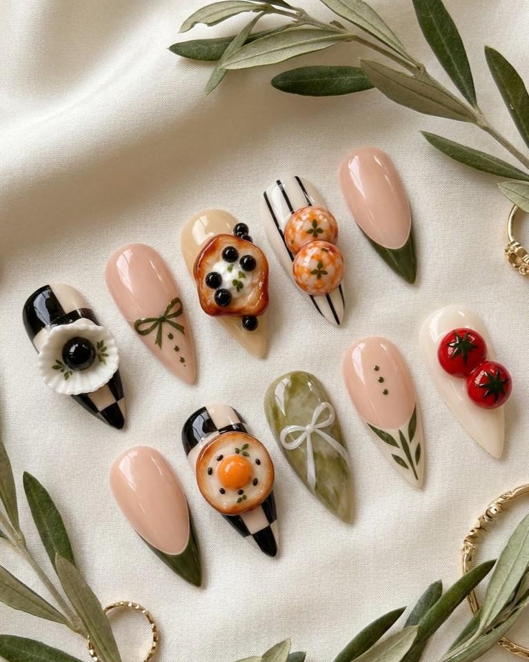 Dim Sum Food Nail Art With Olive Tips, Stripes, Tomatoes, and 3D Dumplings