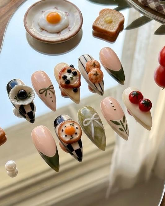 Dim Sum Food Nail Art With Olive Tips, Stripes, Tomatoes, and 3D Dumplings