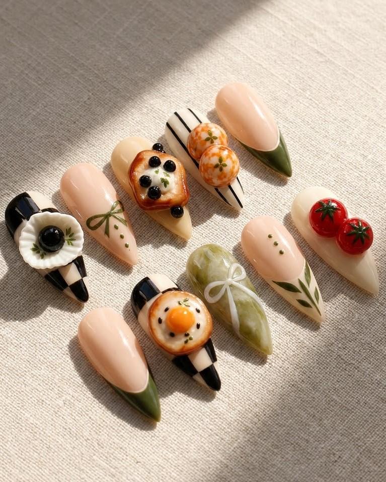 Dim Sum Food Nail Art With Olive Tips, Stripes, Tomatoes, and 3D Dumplings