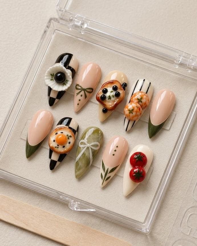 Dim Sum Food Nail Art With Olive Tips, Stripes, Tomatoes, and 3D Dumplings