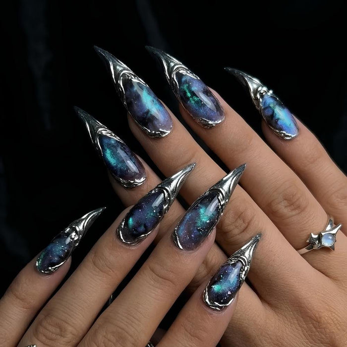 Dragon Claw Galaxy Press On Nails with Raised Silver Armor Details