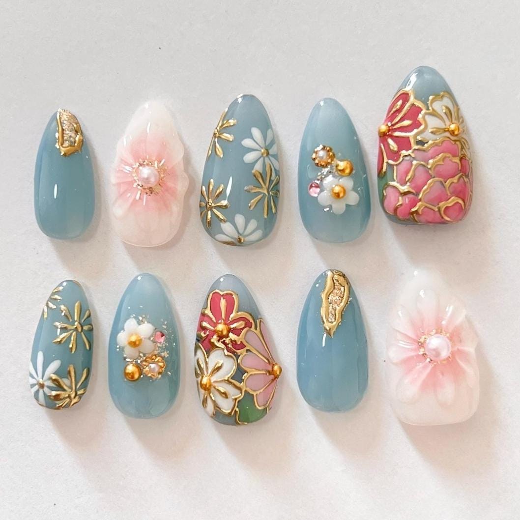 Dusty Blue Floral Nails With Pink 3D Flowers and Gold Details