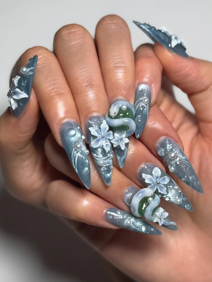 Dusty Blue Shimmer Snake and Icy Flower Press-On Nail Set