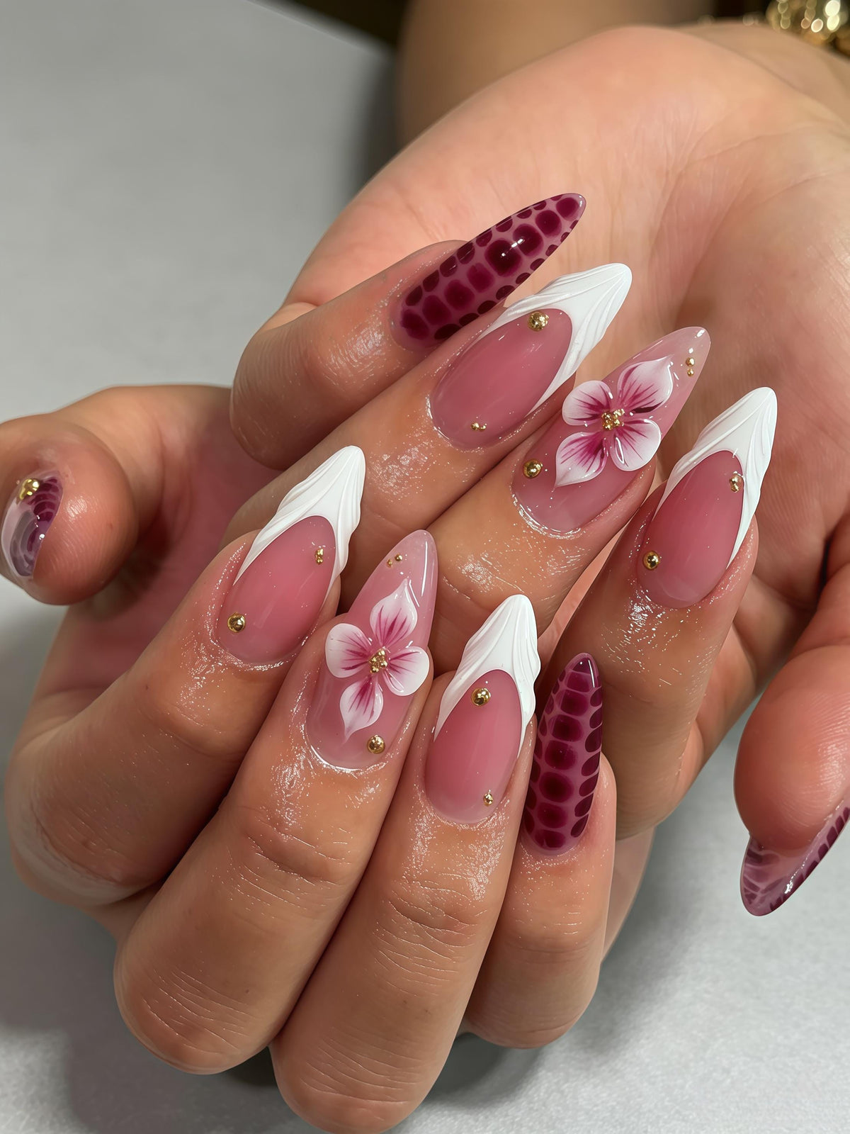 Dusty Mauve Floral French Tip Press On Nails with Burgundy Spot Accents and Gold Studs