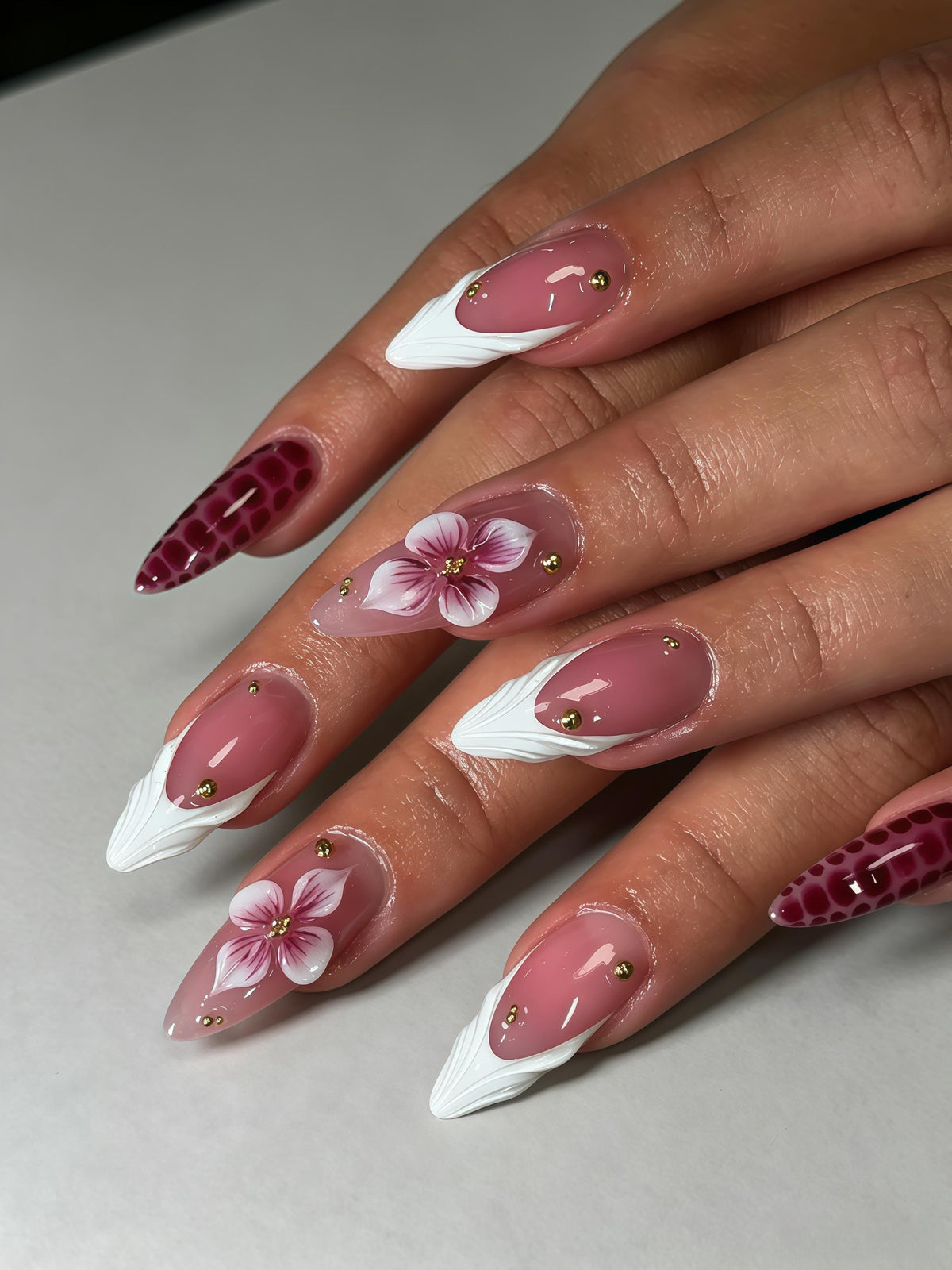 Dusty Mauve Floral French Tip Press On Nails with Burgundy Spot Accents and Gold Studs