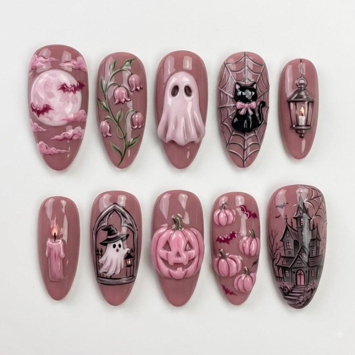 Dusty Mauve Halloween Nail Set with 3D Ghost, Pumpkins, Black Cat and Haunted House