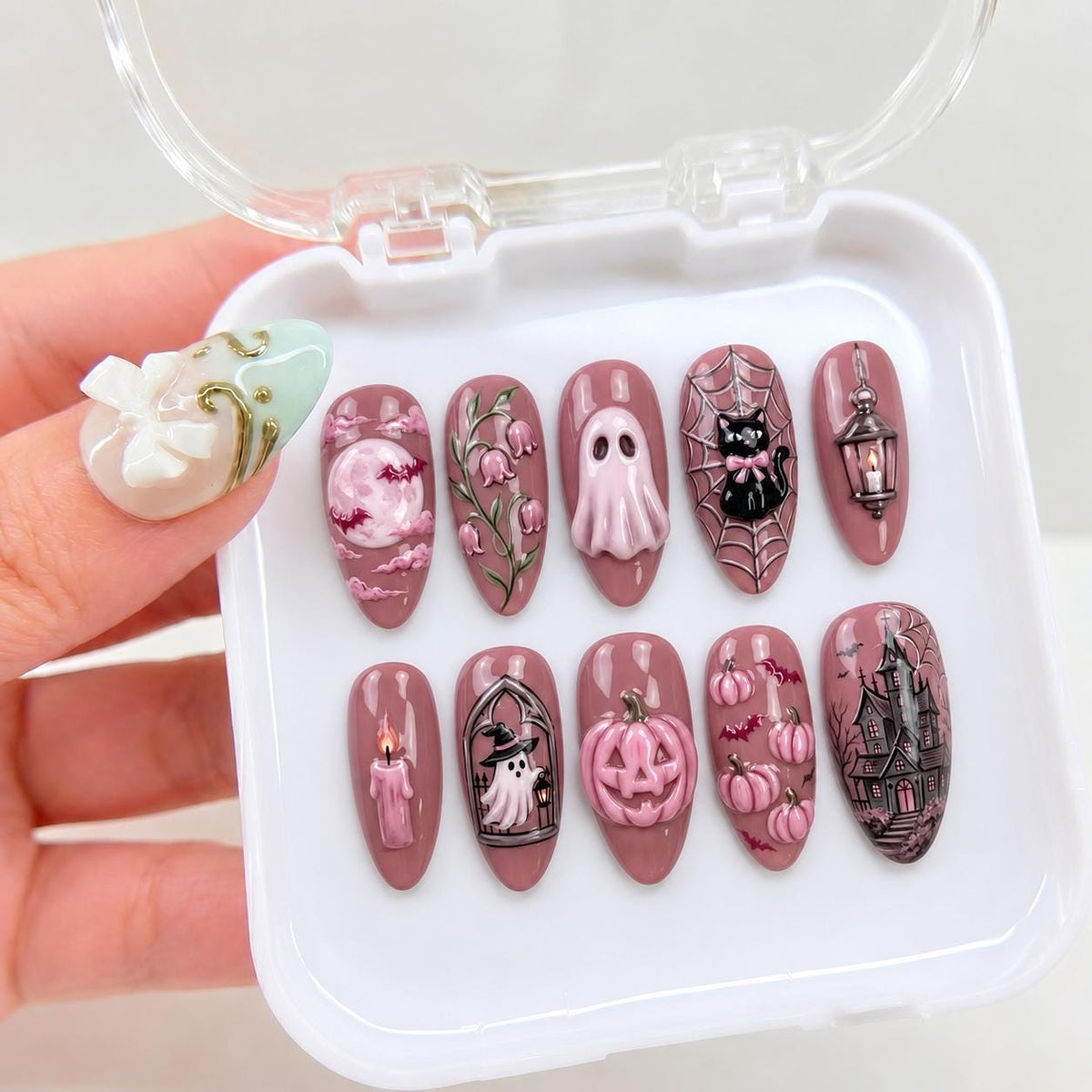 Dusty Mauve Halloween Nail Set with 3D Ghost, Pumpkins, Black Cat and Haunted House