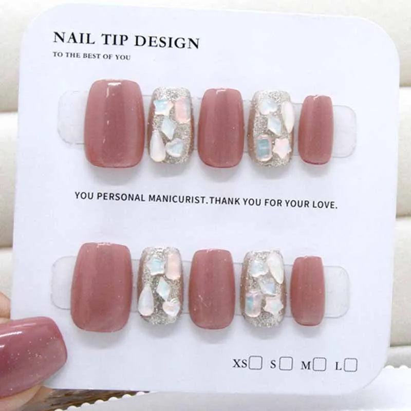 Dusty Mauve Pink Nails with Silver Glitter and Iridescent Shell Accents