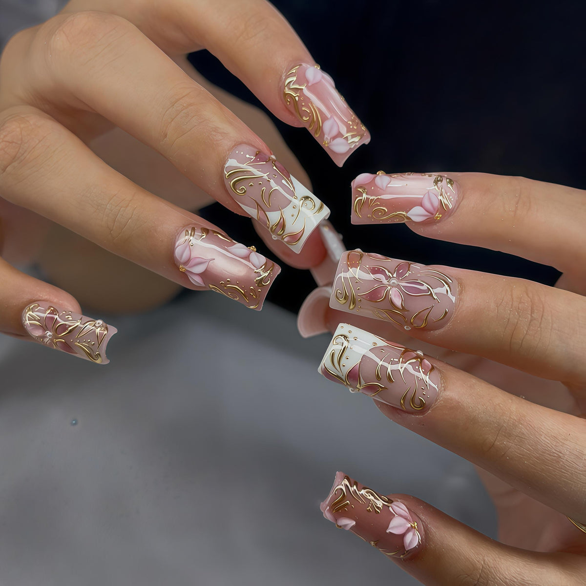 Dusty Pink 3D Flower Press On Nails with Gold Wire Scrollwork and White Tips
