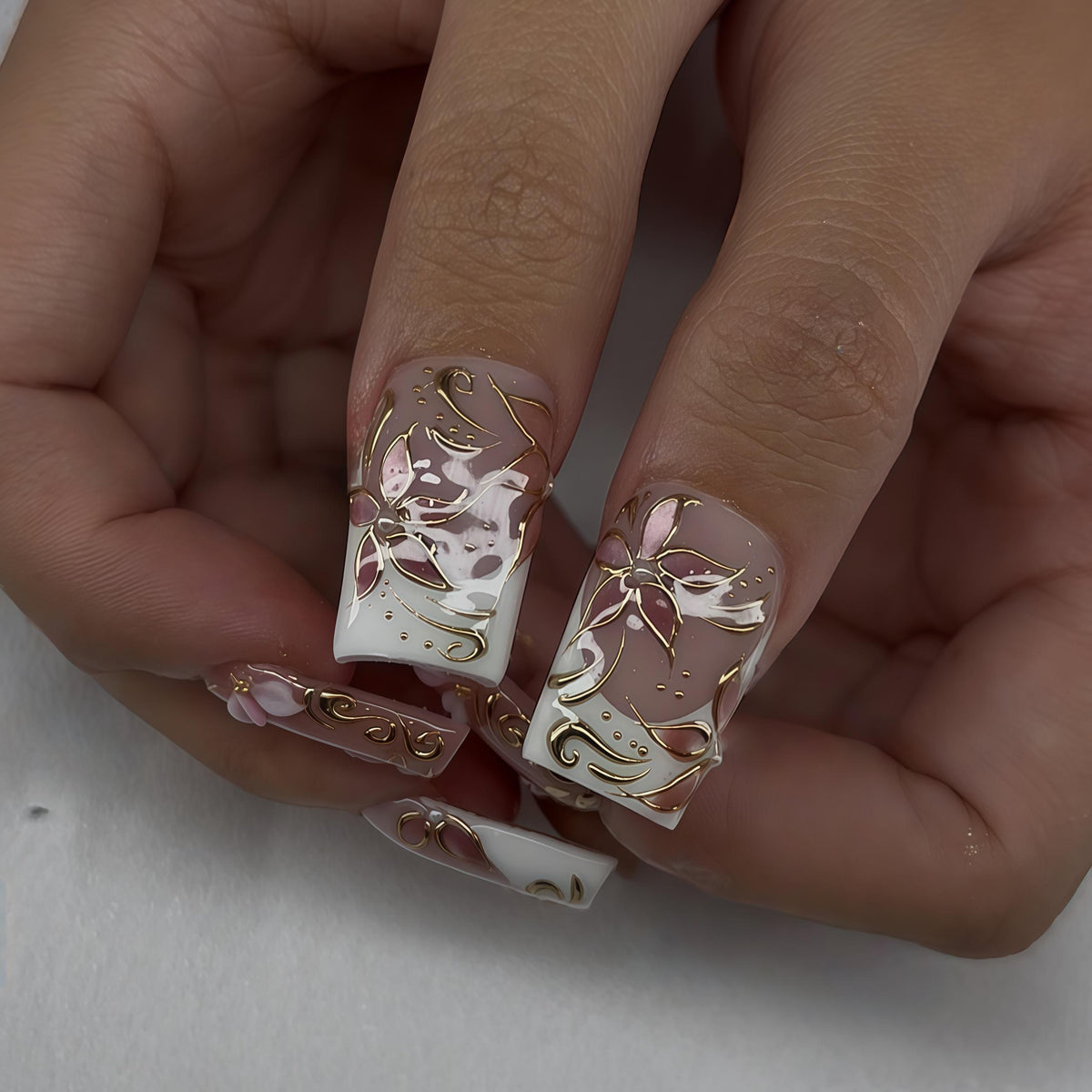 Dusty Pink 3D Flower Press On Nails with Gold Wire Scrollwork and White Tips
