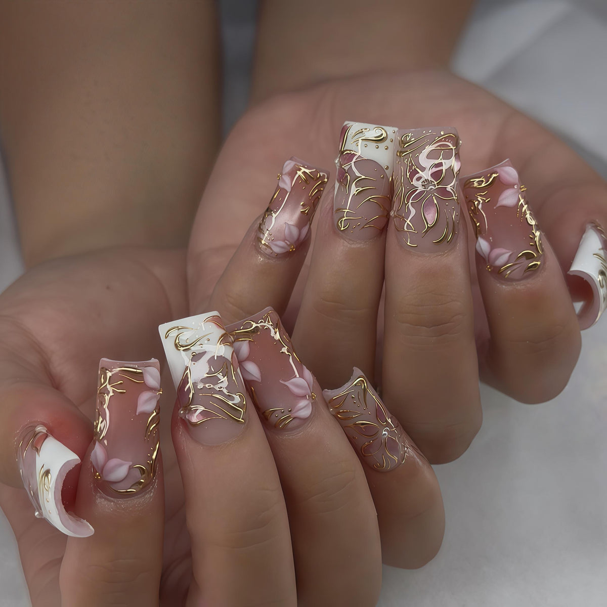 Dusty Pink 3D Flower Press On Nails with Gold Wire Scrollwork and White Tips