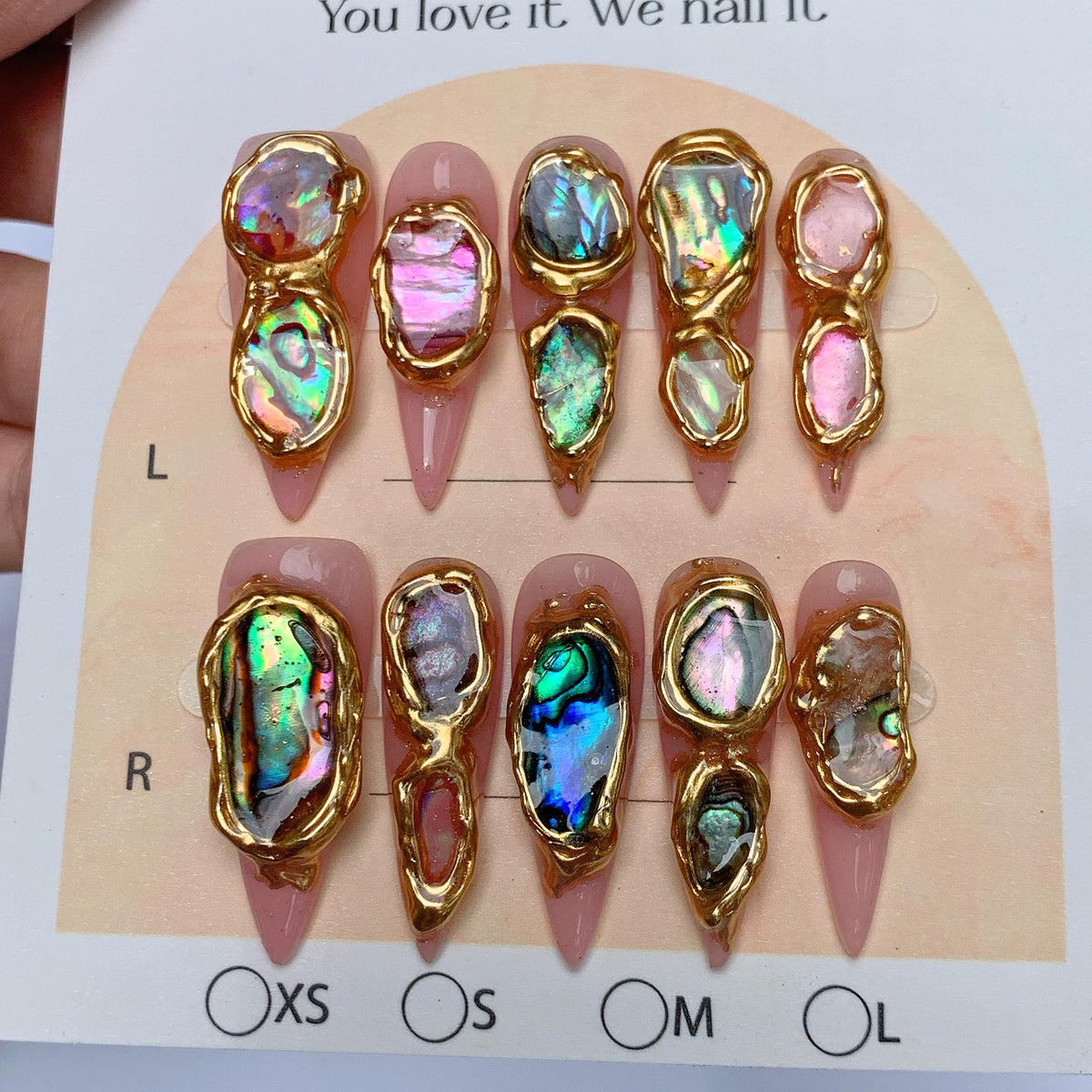 Dusty Pink Abalone Shell Press On Nails with Raised Gold Frames