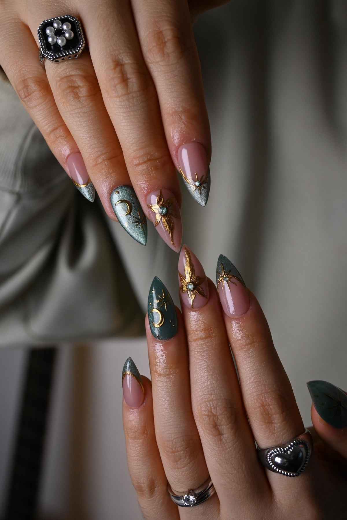 Dusty Pink and Aqua Celestial Nails with Gold Moons and Raised Floral Details