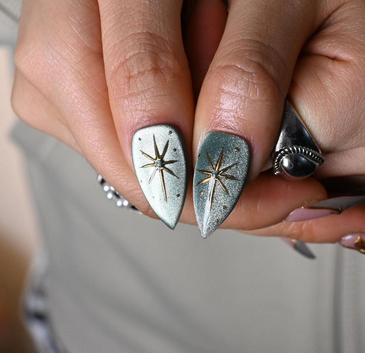 Dusty Pink and Aqua Celestial Nails with Gold Moons and Raised Floral Details