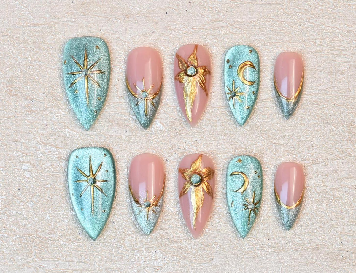 Dusty Pink and Aqua Celestial Nails with Gold Moons and Raised Floral Details