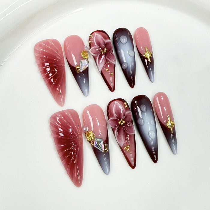 Dusty Pink and Burgundy Cat-Eye Press On Nails With 3D Flowers and Gold Charms
