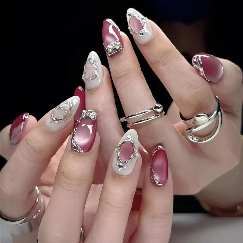 Dusty Pink and Burgundy Chrome Swirl Press-On Nails