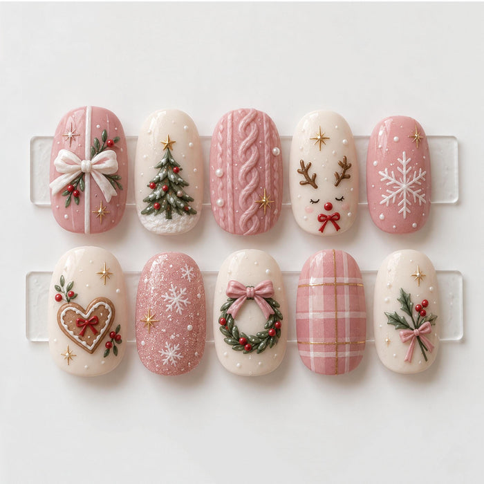 Dusty Pink and Ivory Christmas Press On Nails With Gingerbread Heart, Reindeer, Plaid and 3D Details