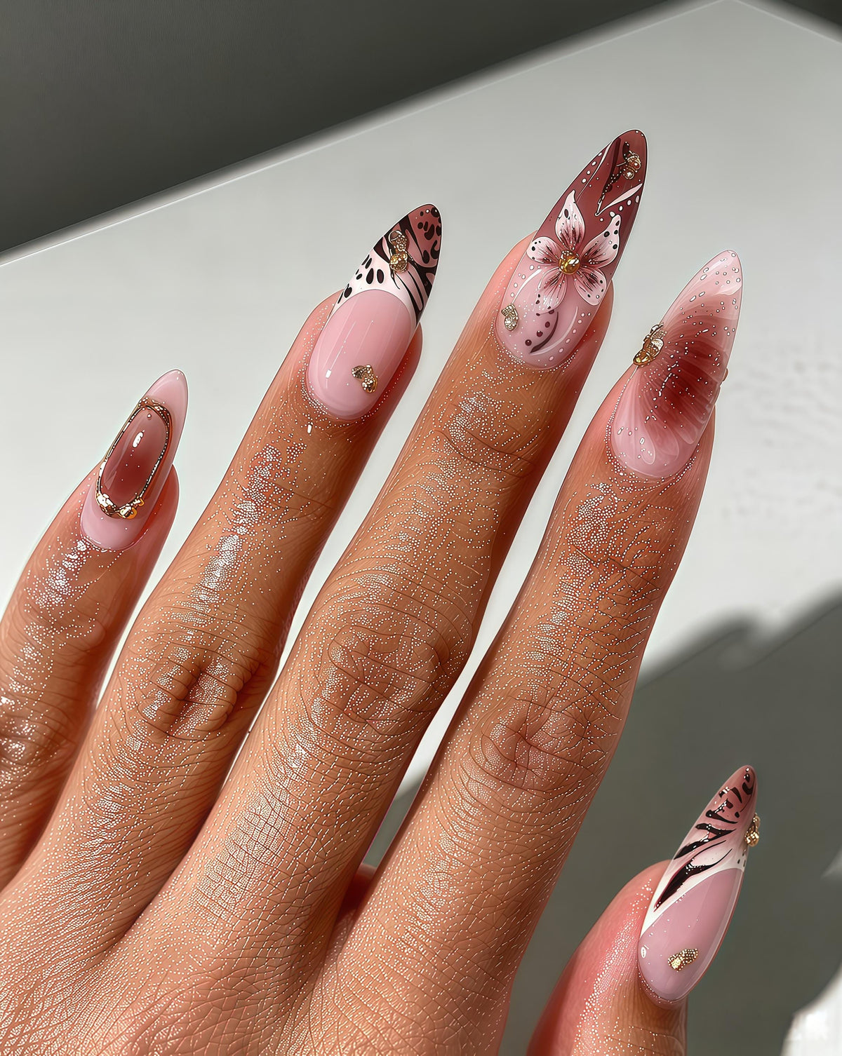 Dusty Pink and Nude Animal Print French Tip Nails With 3D Flower