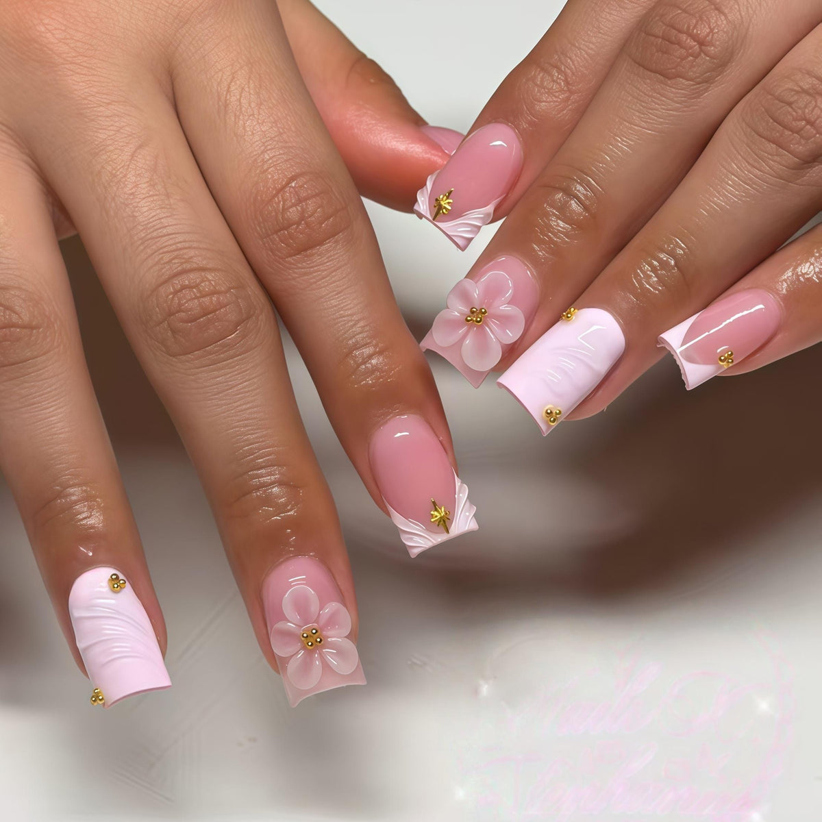 Dusty Pink and White 3D Flower Bridal Press On Nails with Gold Details