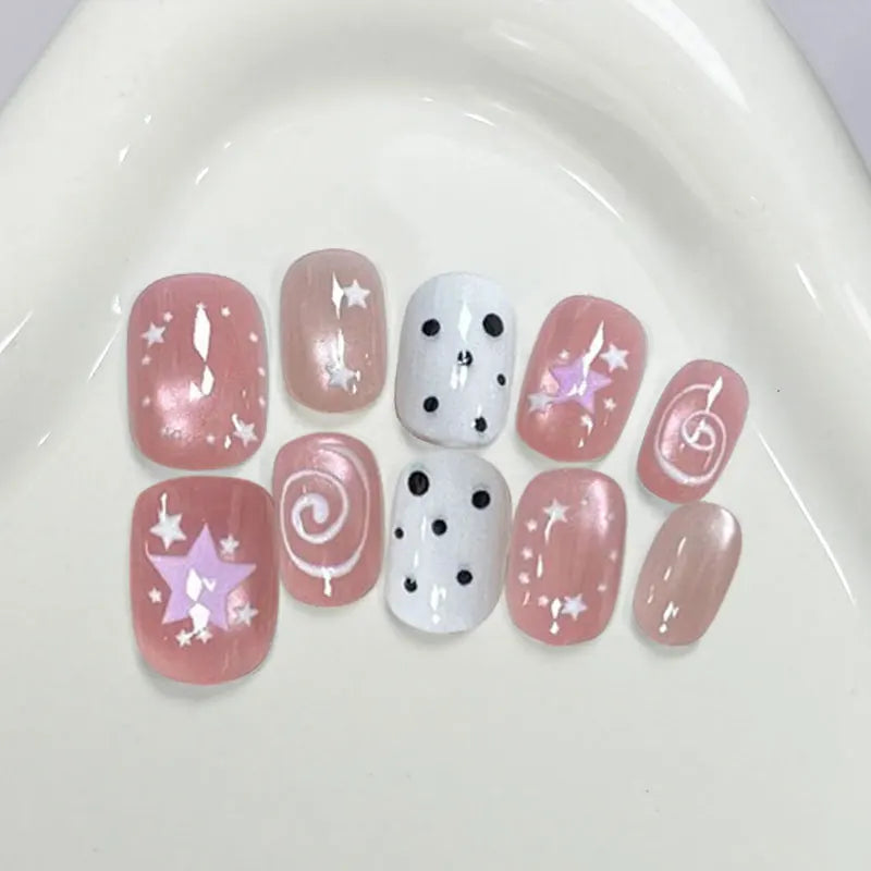 Dusty Pink and White Star, Dot, and Spiral Nail Set