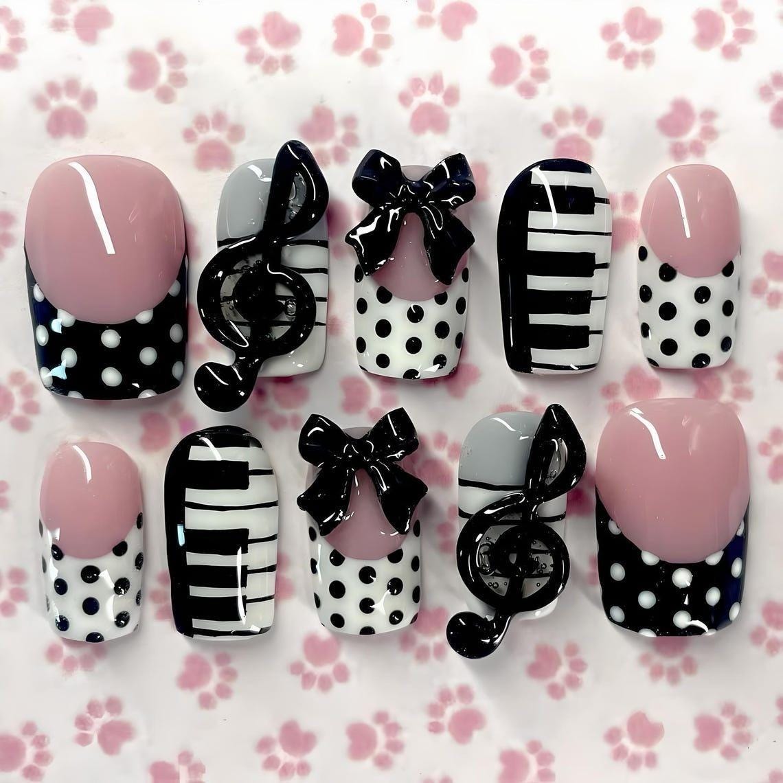 Dusty Pink, Black & White Piano Key Nails with 3D Treble Clefs and Bows