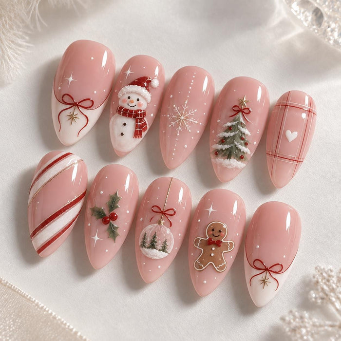 Dusty Pink Christmas Press On Nails With Snowman, Gingerbread, Trees and Plaid