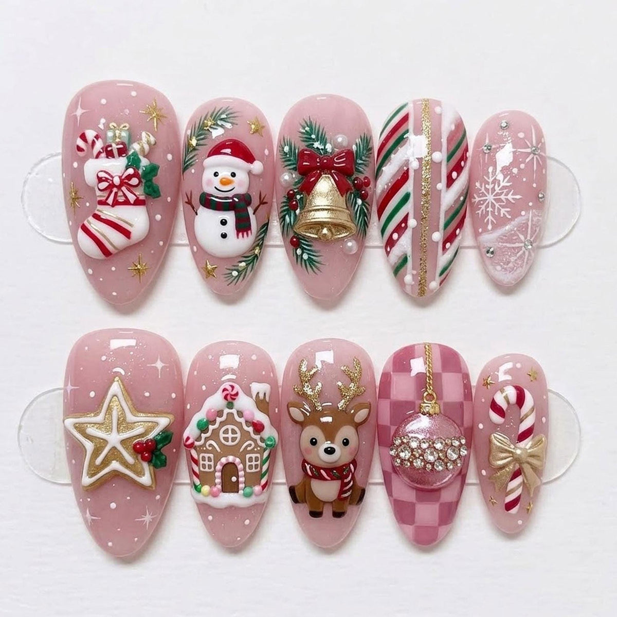 Dusty Pink Christmas Press On Nails With 3D Gingerbread House, Reindeer and Holiday Details