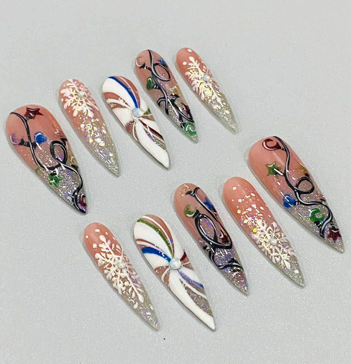 Dusty Pink Christmas Snowflake Nails With Holographic Glitter Tips